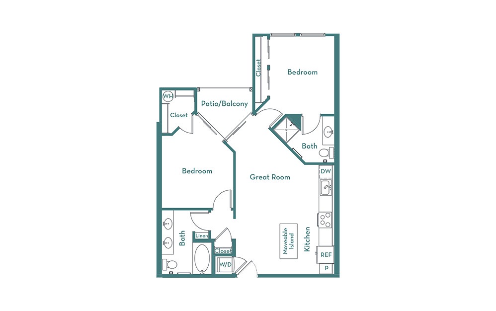 B1 - 2 bedroom floorplan layout with 2 bathrooms and 900 square feet