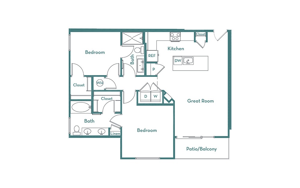 B2 - 2 bedroom floorplan layout with 2 bathrooms and 1076 square feet