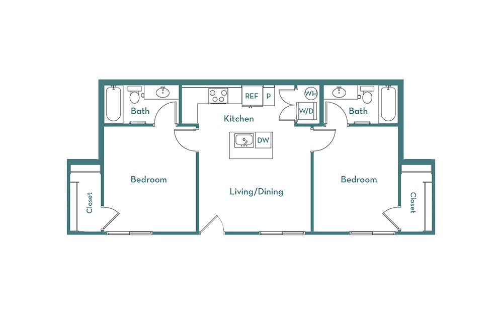 C1 - 2 bedroom floorplan layout with 2 bathrooms and 857 square feet