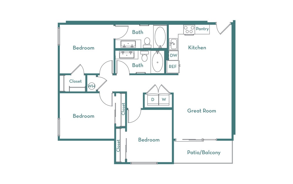 D1 - 3 bedroom floorplan layout with 2 bathrooms and 1076 square feet